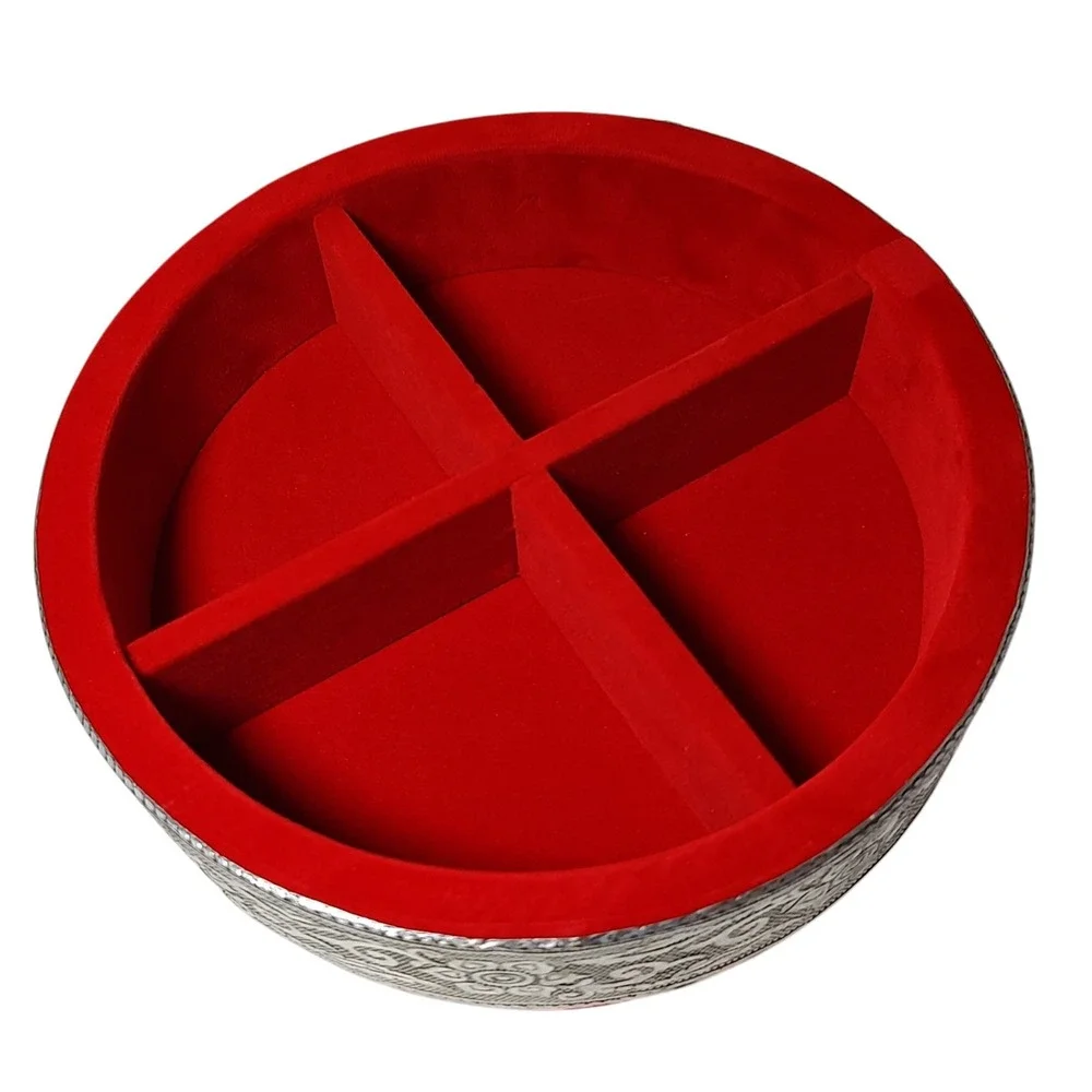New Handcrafted Jewelry Trinket Box Embossed Birds Aluminum and Red Velvet India
